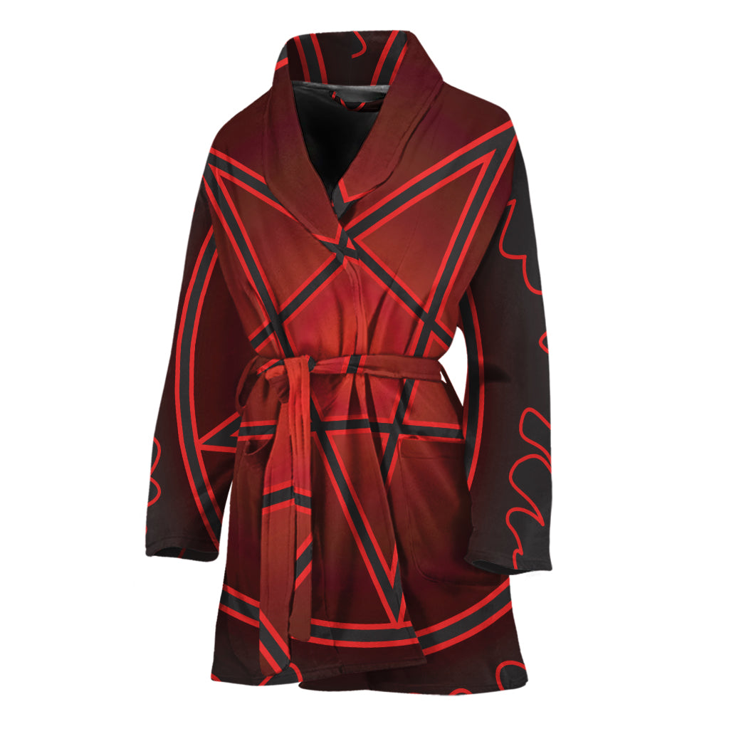 Black And Red Satanic Pentagram Print Women's Bathrobe
