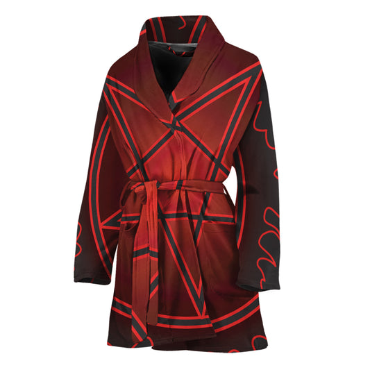 Black And Red Satanic Pentagram Print Women's Bathrobe