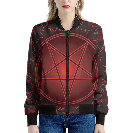 Black And Red Satanic Pentagram Print Women's Bomber Jacket