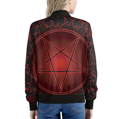 Black And Red Satanic Pentagram Print Women's Bomber Jacket