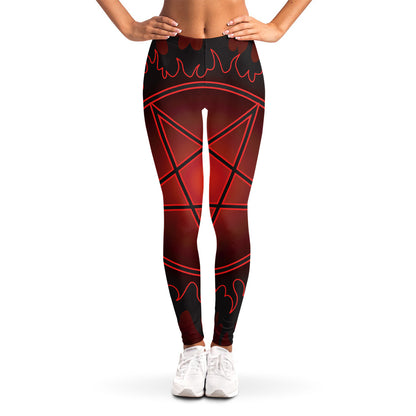 Black And Red Satanic Pentagram Print Women's Leggings