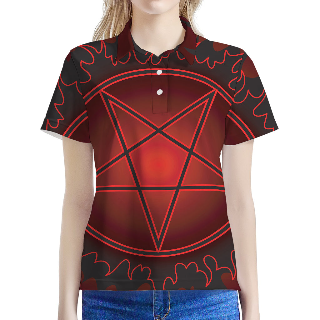 Black And Red Satanic Pentagram Print Women's Polo Shirt
