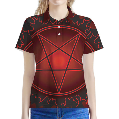 Black And Red Satanic Pentagram Print Women's Polo Shirt