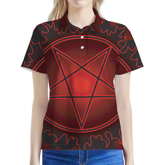 Black And Red Satanic Pentagram Print Women's Polo Shirt