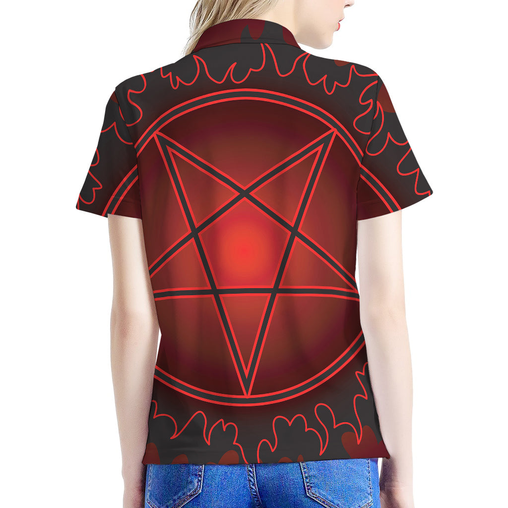 Black And Red Satanic Pentagram Print Women's Polo Shirt