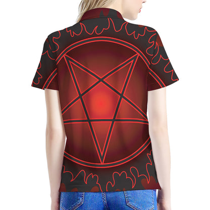 Black And Red Satanic Pentagram Print Women's Polo Shirt