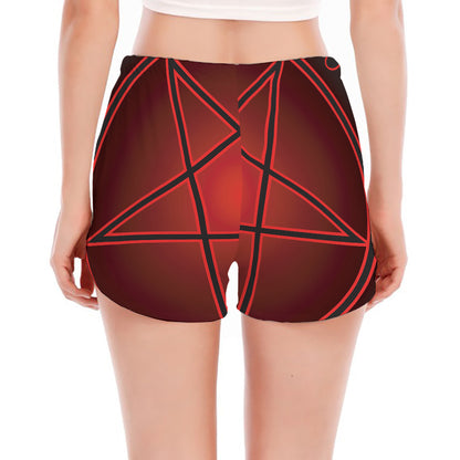 Black And Red Satanic Pentagram Print Women's Split Running Shorts