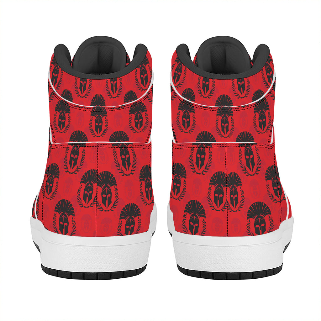 Black And Red Spartan Pattern Print High Top Leather Sneakers