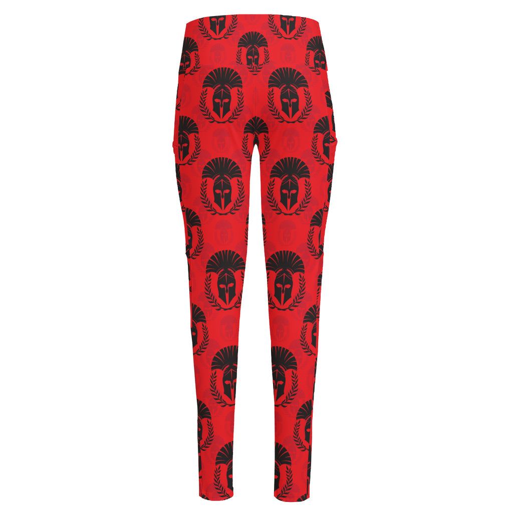 Black And Red Spartan Pattern Print High-Waisted Pocket Leggings