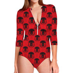 Black And Red Spartan Pattern Print Long Sleeve Swimsuit