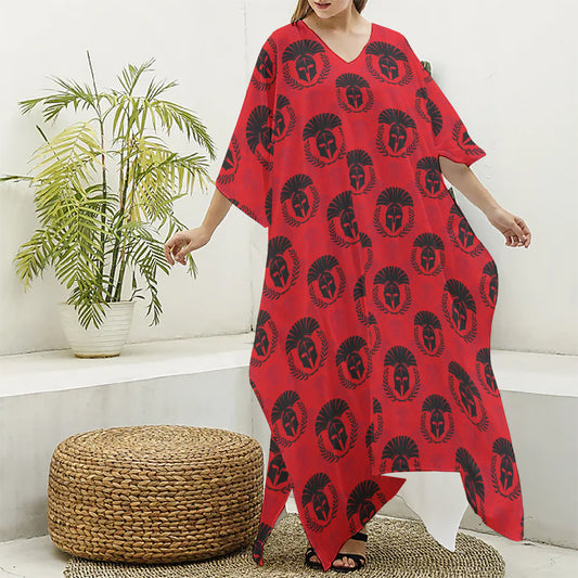 Black And Red Spartan Pattern Print Silk V-Neck Kaftan Dress