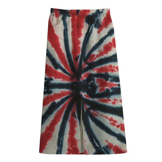 Black And Red Spider Tie Dye Print Cotton Front Slit Maxi Skirt