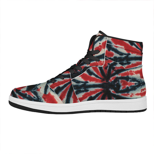 Black And Red Spider Tie Dye Print High Top Leather Sneakers