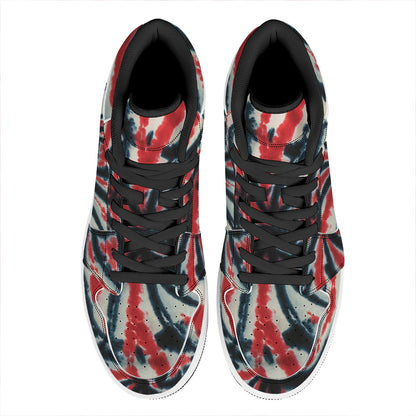 Black And Red Spider Tie Dye Print High Top Leather Sneakers