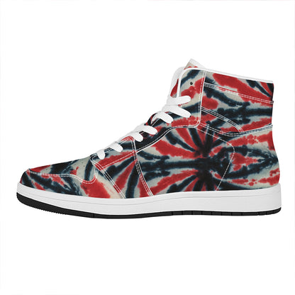 Black And Red Spider Tie Dye Print High Top Leather Sneakers
