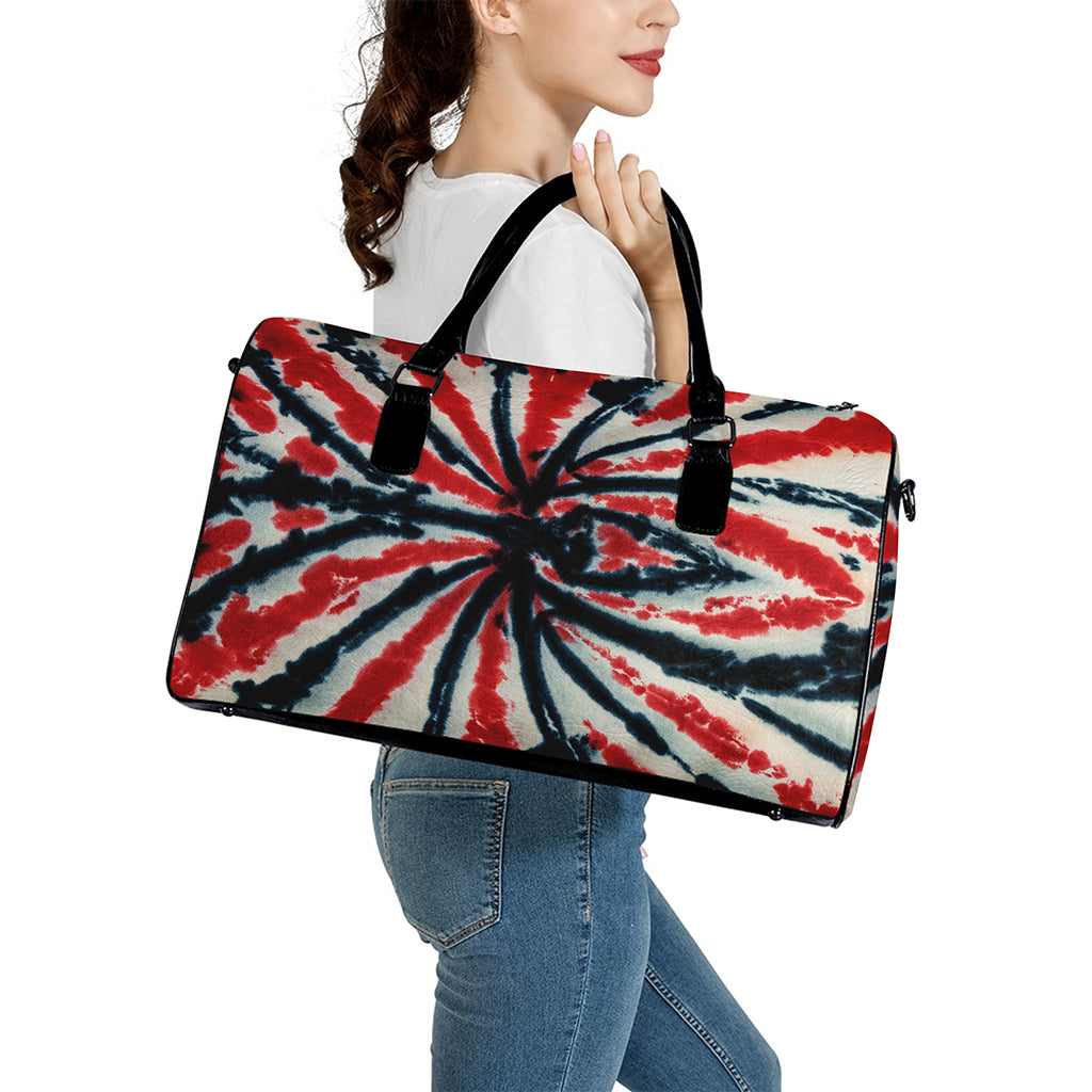 Black And Red Spider Tie Dye Print Leather Duffle Bag