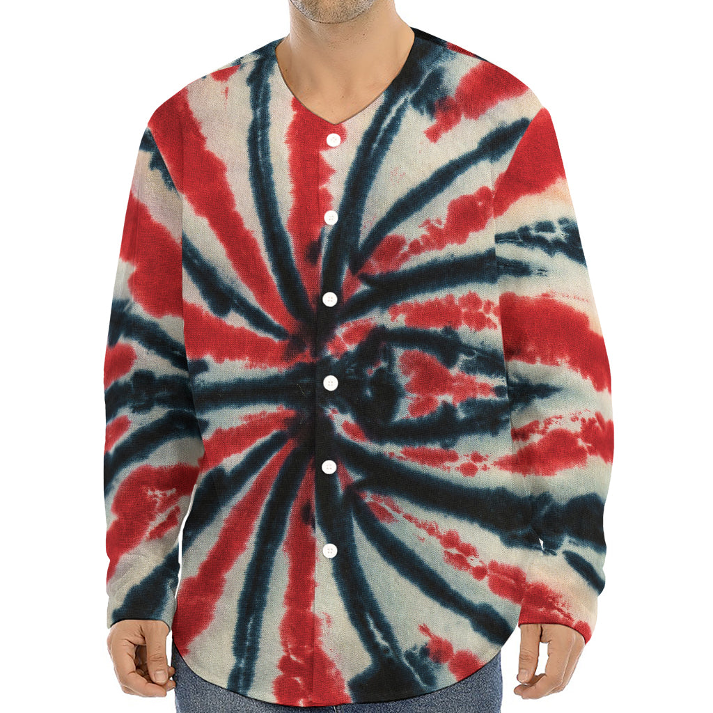 Black And Red Spider Tie Dye Print Long Sleeve Baseball Jersey