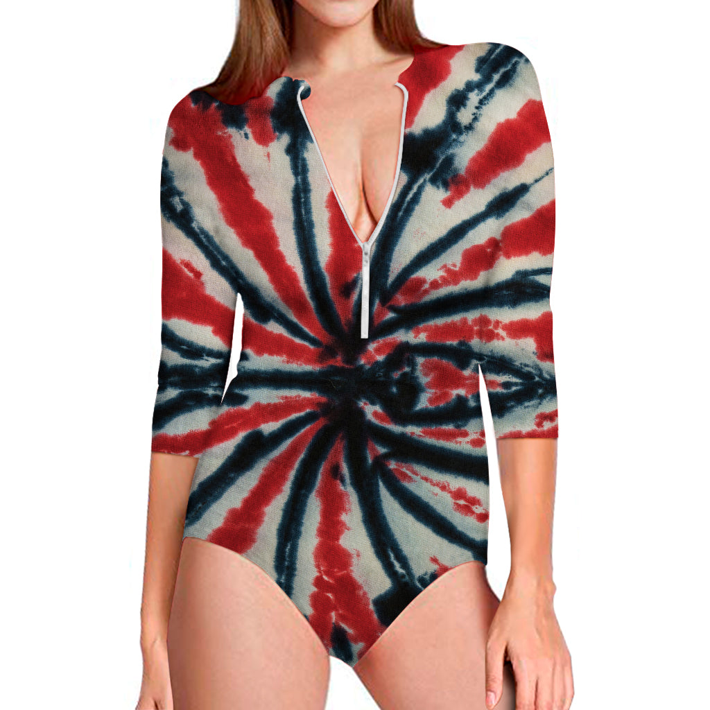 Black And Red Spider Tie Dye Print Long Sleeve Swimsuit
