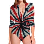 Black And Red Spider Tie Dye Print Long Sleeve Swimsuit