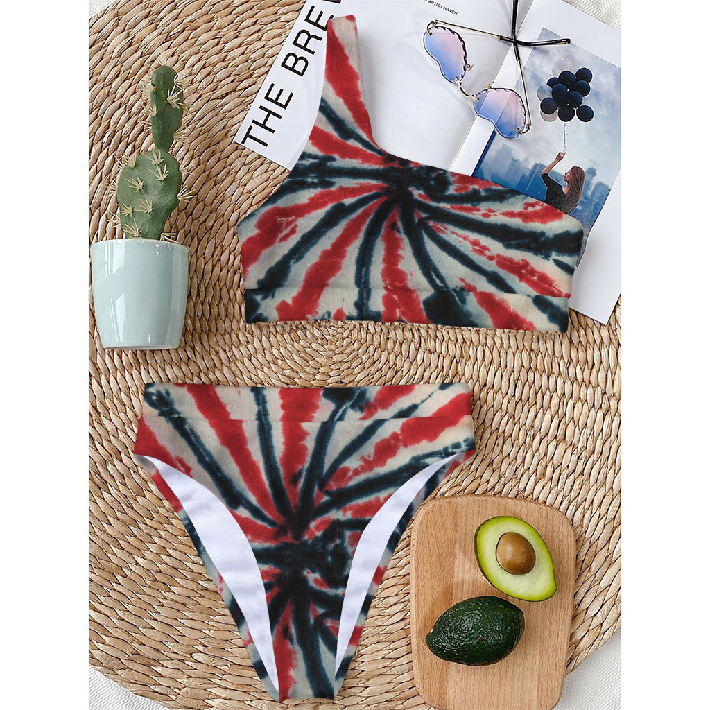Black And Red Spider Tie Dye Print One Shoulder Bikini Top
