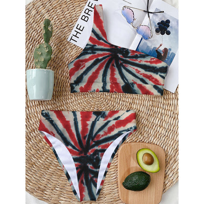 Black And Red Spider Tie Dye Print One Shoulder Bikini Top