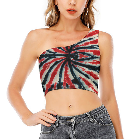 Black And Red Spider Tie Dye Print One Shoulder Crop Top
