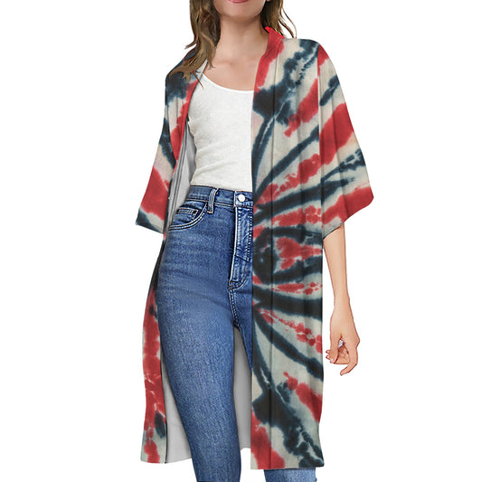 Black And Red Spider Tie Dye Print Open Front Beach Cover Up