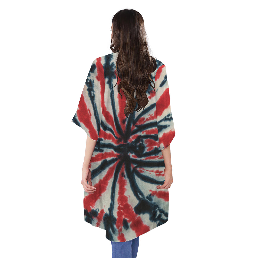 Black And Red Spider Tie Dye Print Open Front Beach Cover Up