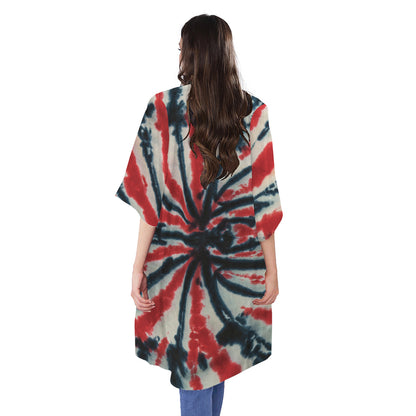 Black And Red Spider Tie Dye Print Open Front Beach Cover Up