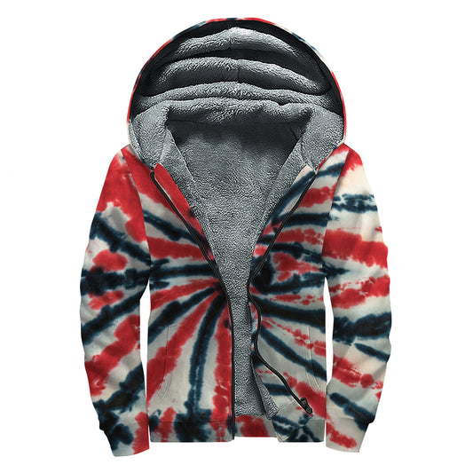 Black And Red Spider Tie Dye Print Sherpa Lined Zip Up Hoodie