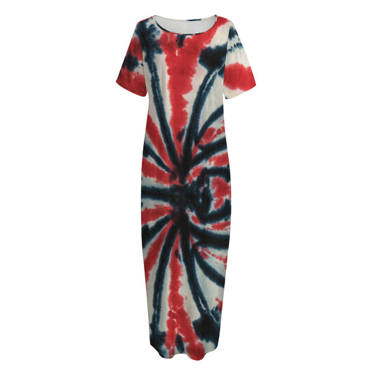 Black And Red Spider Tie Dye Print Short Sleeve Long Nightdress
