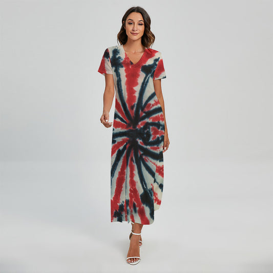 Black And Red Spider Tie Dye Print Short Sleeve Maxi Dress