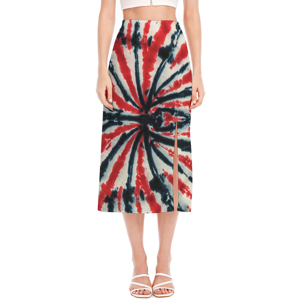 Black And Red Spider Tie Dye Print Side Slit Midi Skirt