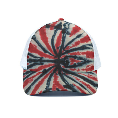 Black And Red Spider Tie Dye Print White Mesh Trucker Cap