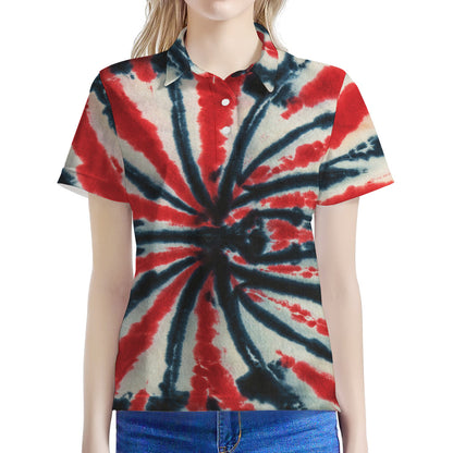 Black And Red Spider Tie Dye Print Women's Polo Shirt