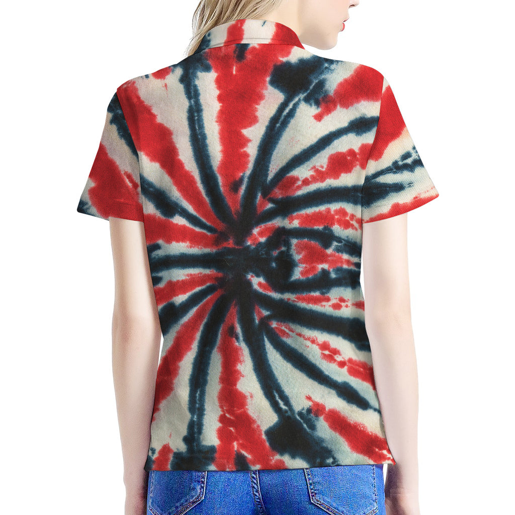 Black And Red Spider Tie Dye Print Women's Polo Shirt
