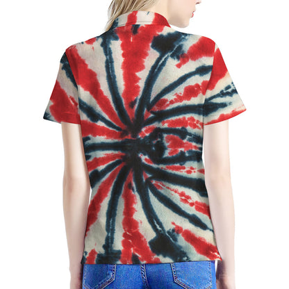 Black And Red Spider Tie Dye Print Women's Polo Shirt