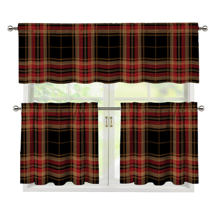 Black And Red Stewart Tartan Print 3 Piece Kitchen Curtains