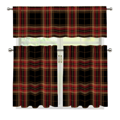 Black And Red Stewart Tartan Print 3 Piece Kitchen Curtains