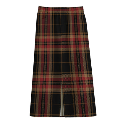 Black And Red Stewart Tartan Print Cotton Front Slit Maxi Skirt