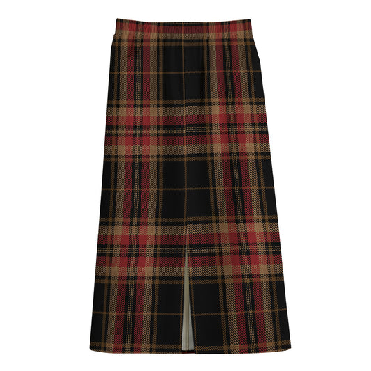Black And Red Stewart Tartan Print Cotton Front Slit Maxi Skirt