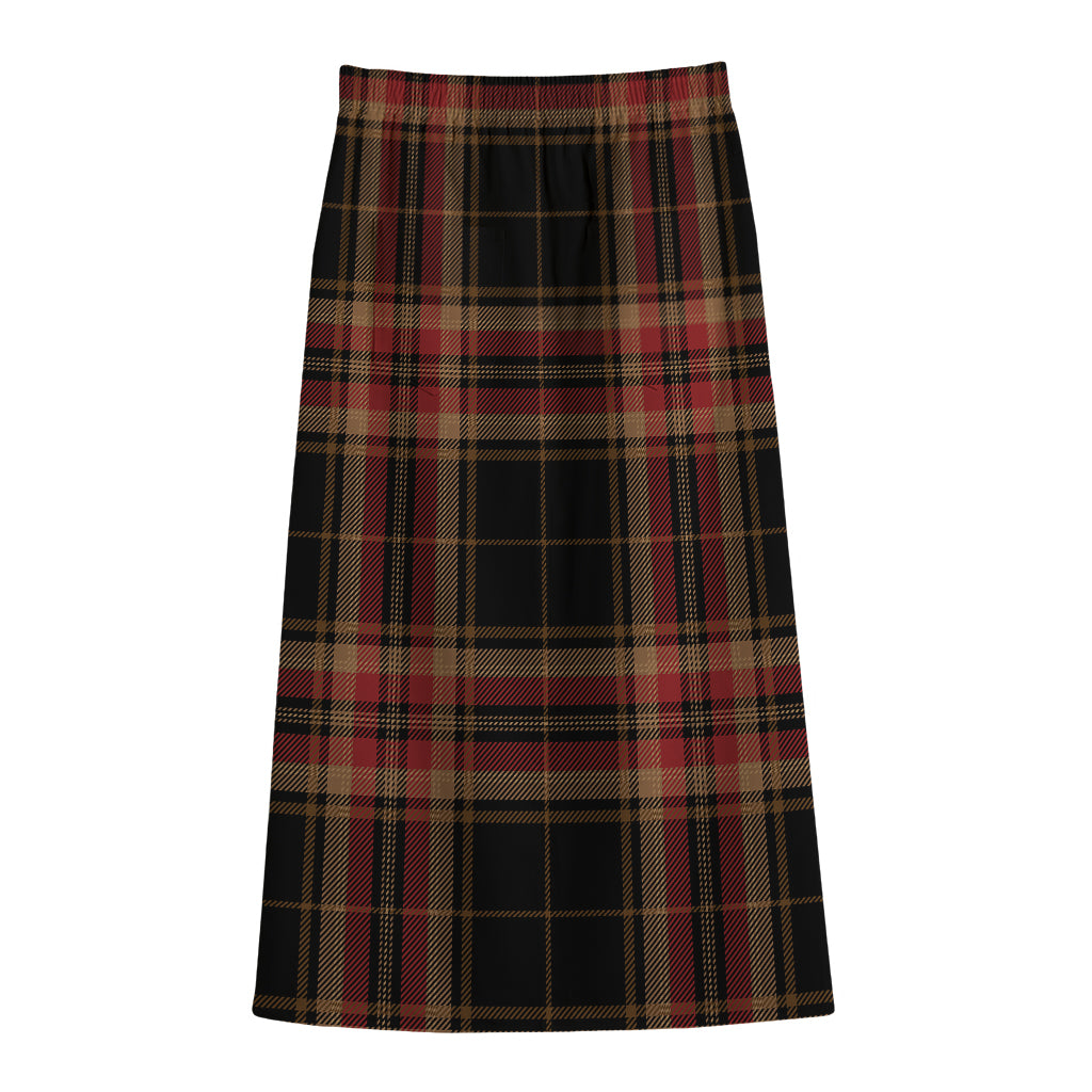 Black And Red Stewart Tartan Print Cotton Front Slit Maxi Skirt