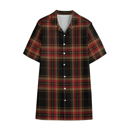 Black And Red Stewart Tartan Print Cotton Hawaiian Shirt