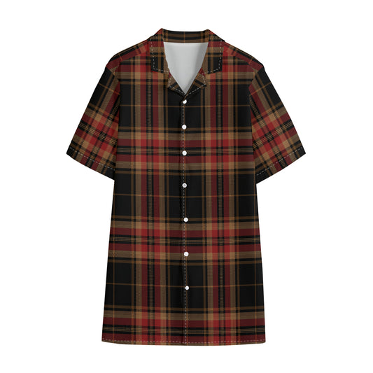 Black And Red Stewart Tartan Print Cotton Hawaiian Shirt