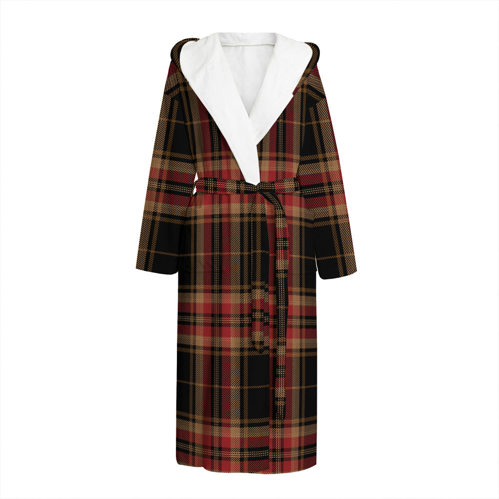 Black And Red Stewart Tartan Print Hooded Bathrobe