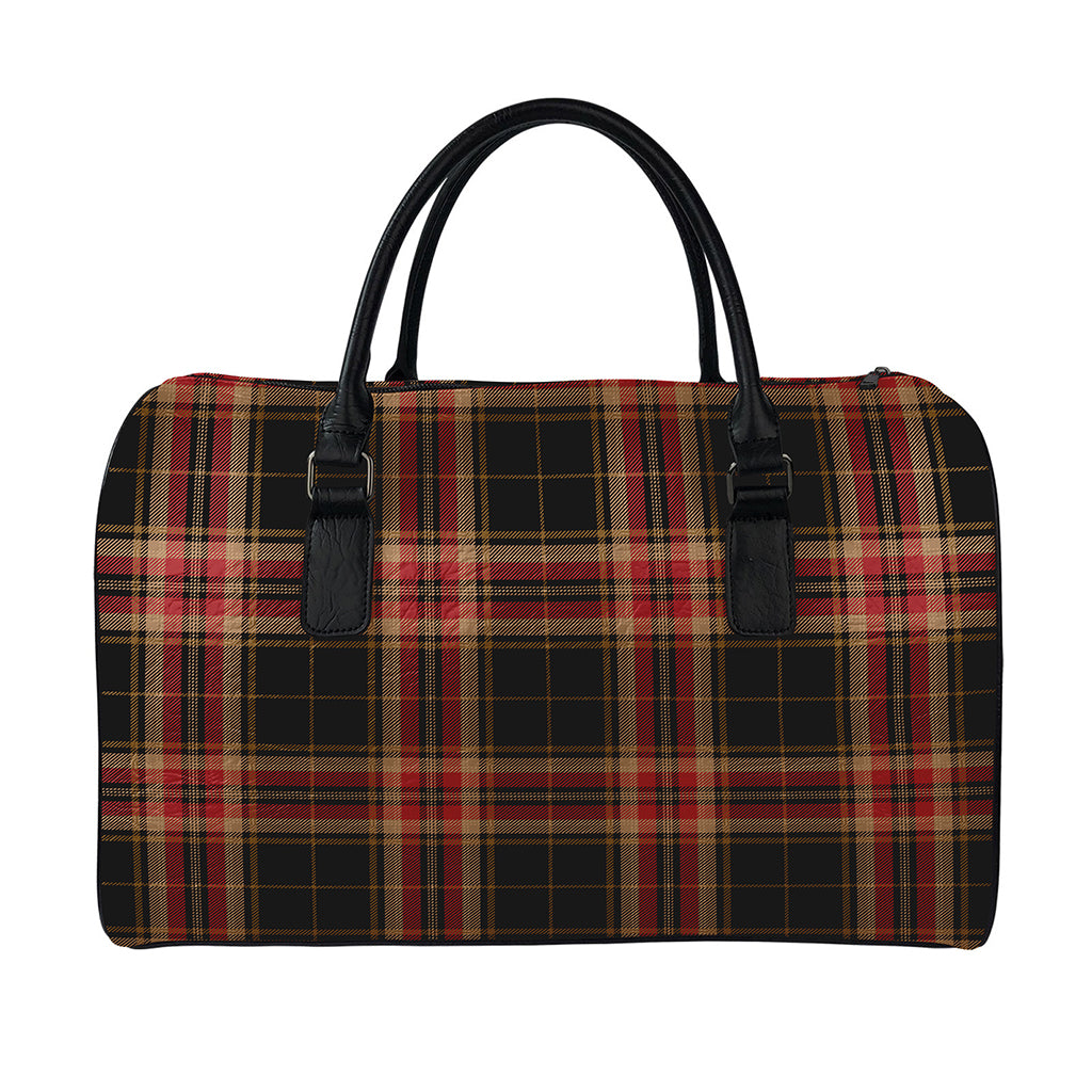 Black And Red Stewart Tartan Print Leather Duffle Bag