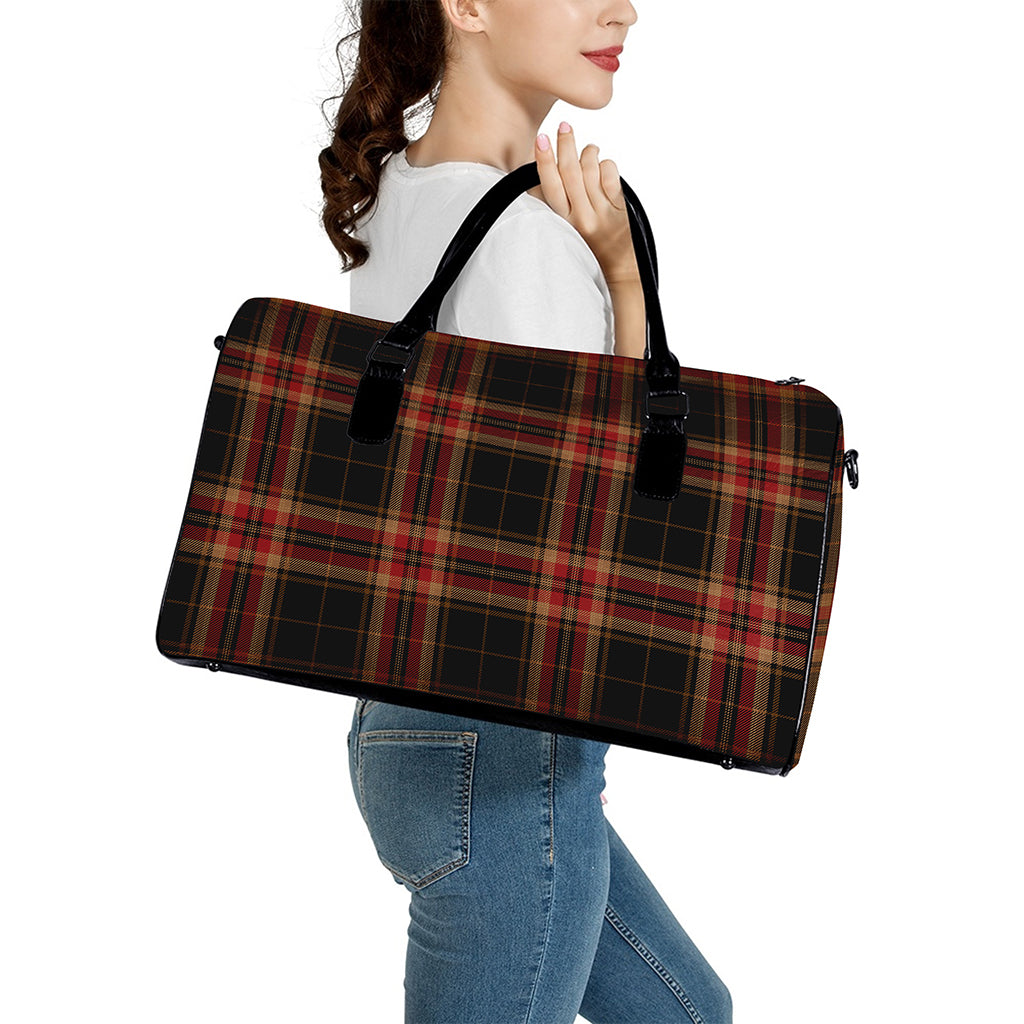 Black And Red Stewart Tartan Print Leather Duffle Bag