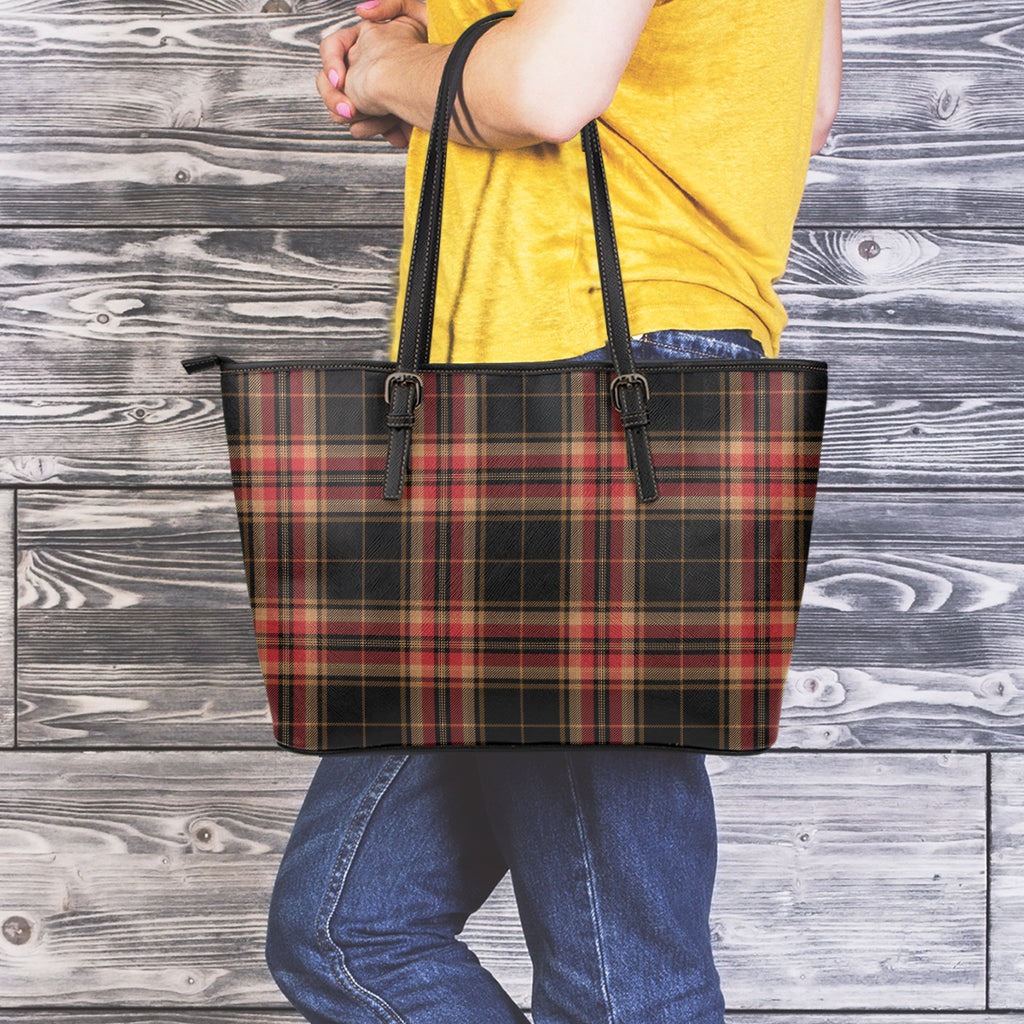 Black And Red Stewart Tartan Print Leather Tote Bag