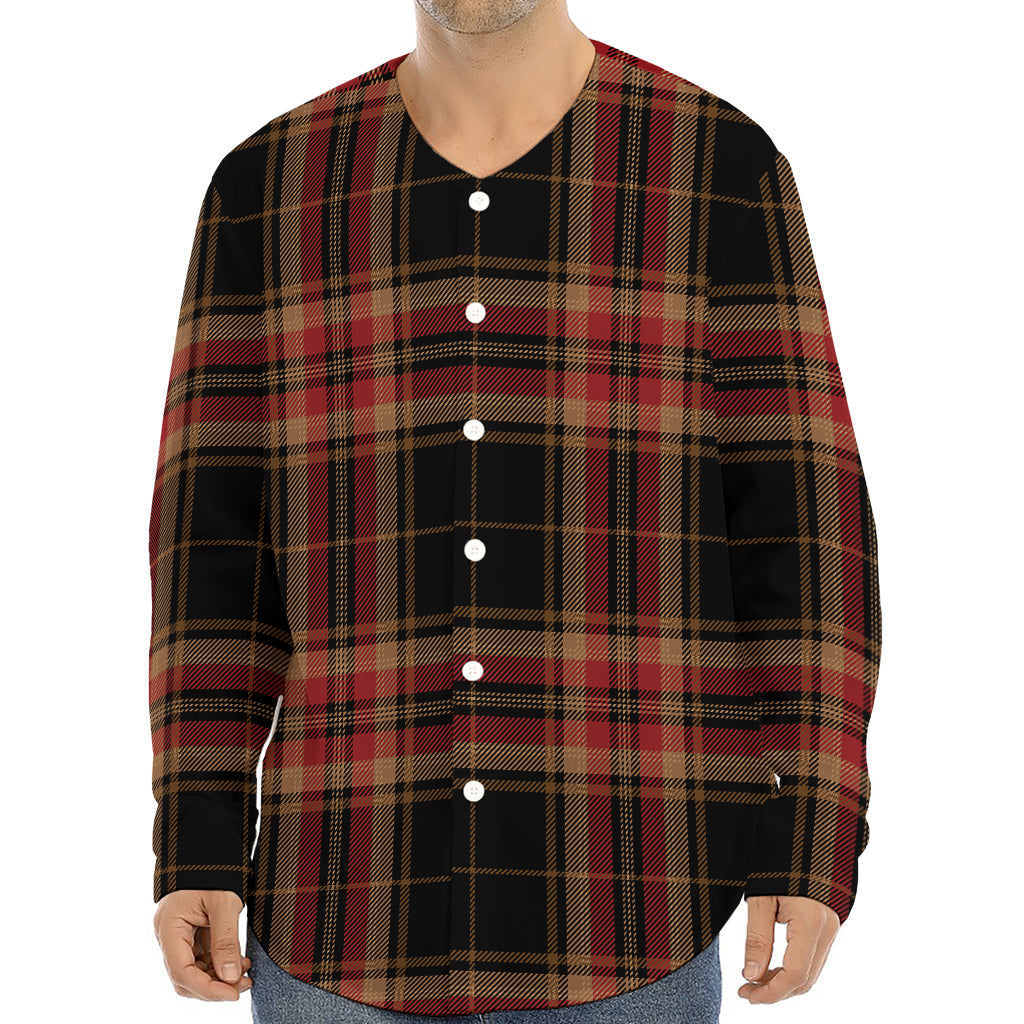 Black And Red Stewart Tartan Print Long Sleeve Baseball Jersey