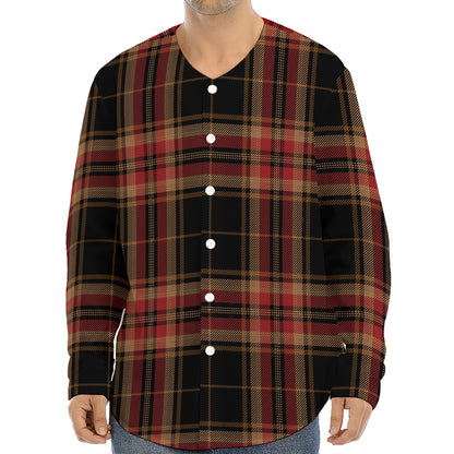 Black And Red Stewart Tartan Print Long Sleeve Baseball Jersey